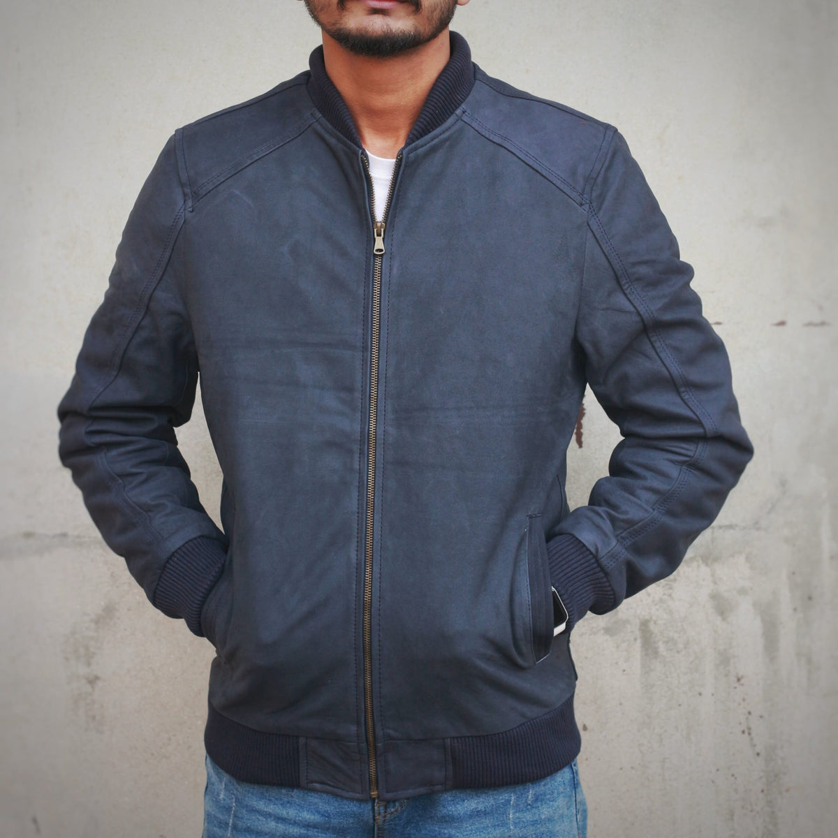 Suede Bomber Jacket - Dark Blue