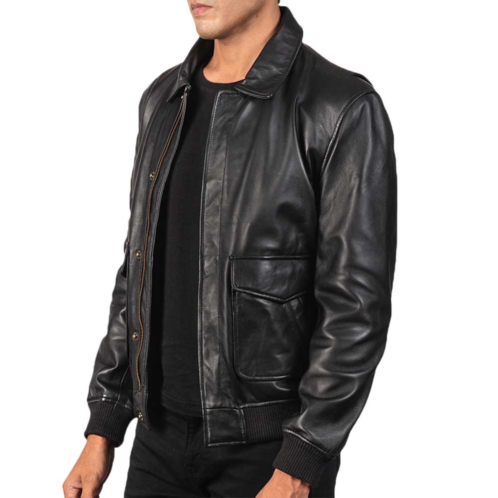 Leather Bomber Aviator Jacket - Black