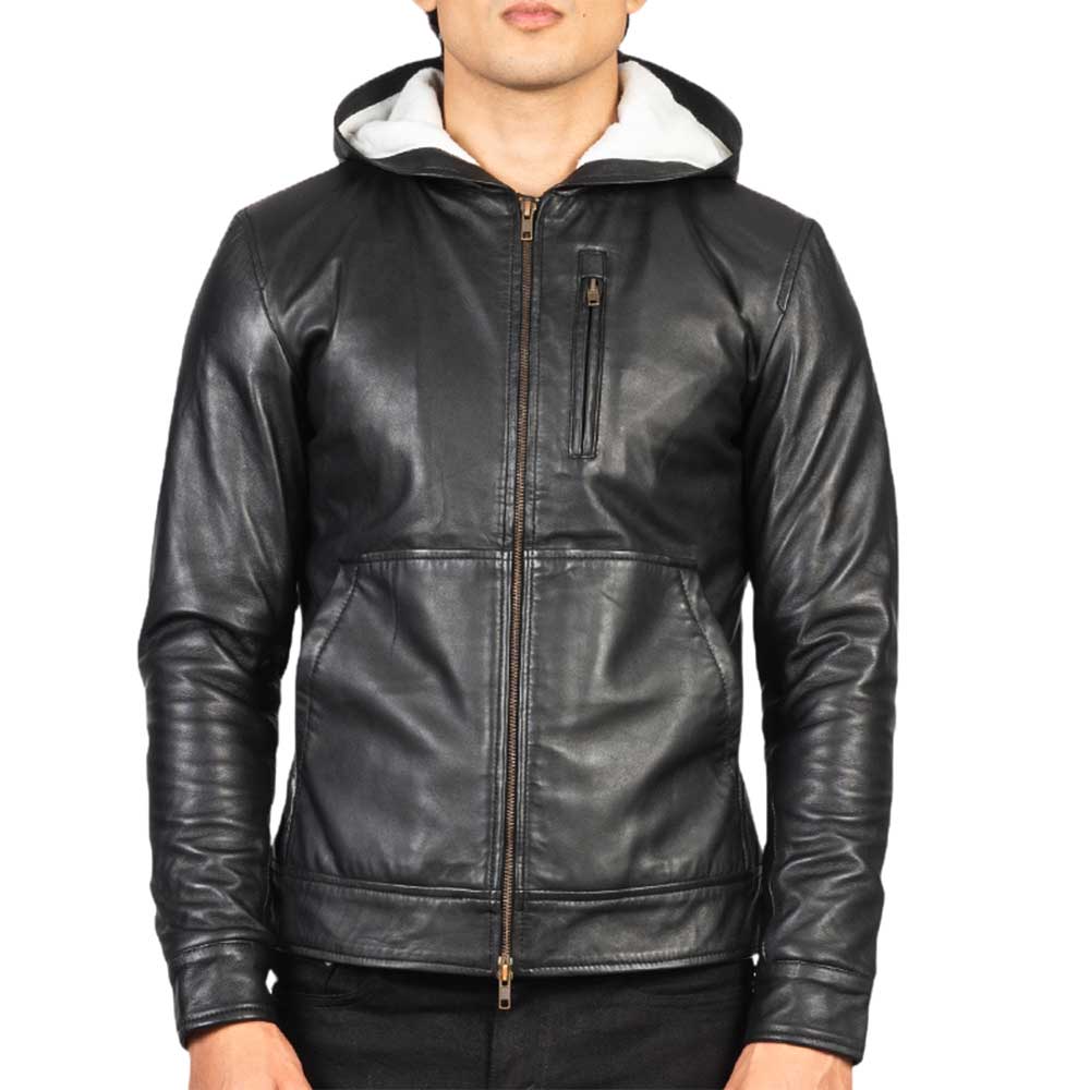 Hooded Leather Jacket - Black