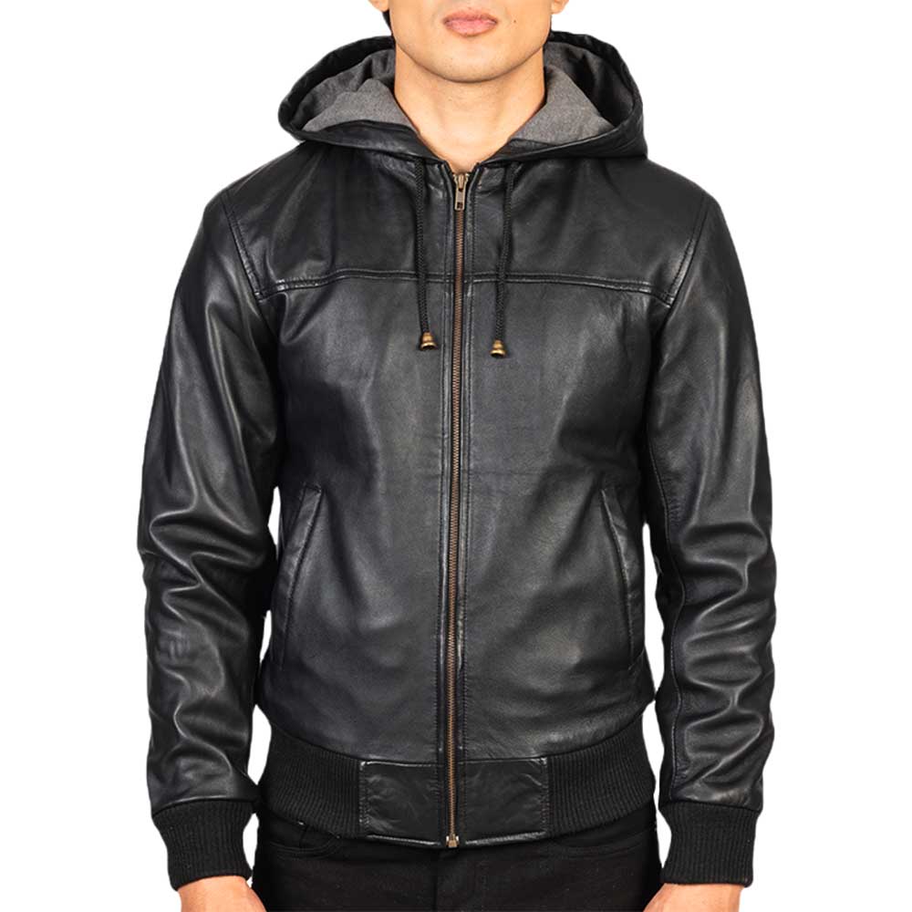 Leather Hooded Jacket - Black