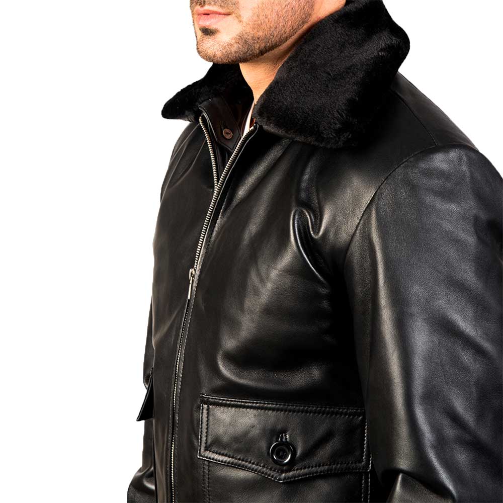 Collar Fur Leather Jacket - Black