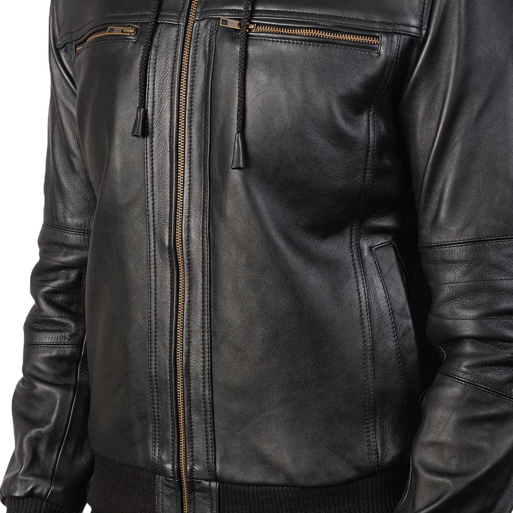 Hooded Leather Bomber Jacket - black