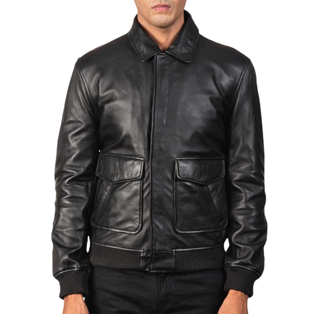 Leather Bomber Aviator Jacket - Black