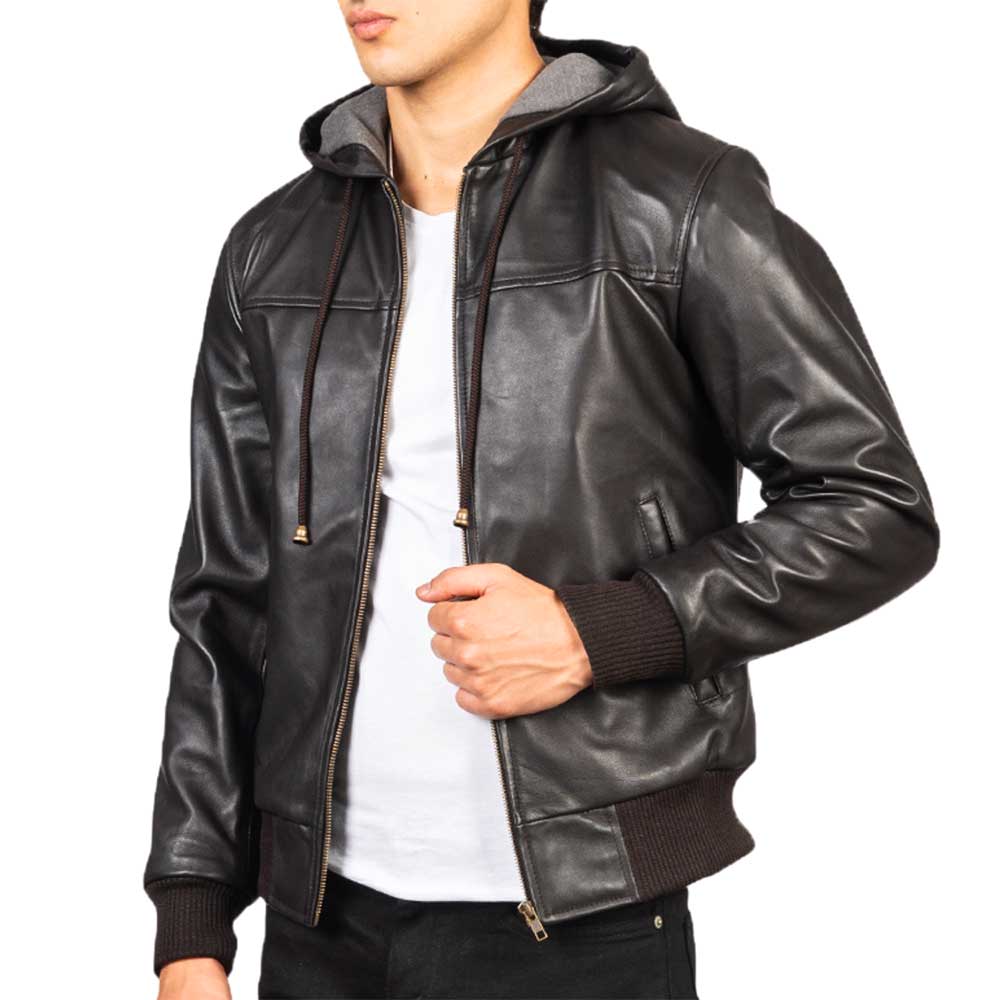 Leather Hooded Jacket - Chocolate