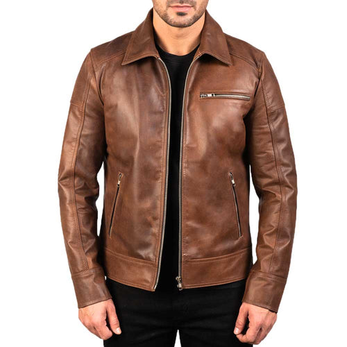 Brown Shirt Collar Vintage Leather Jacket