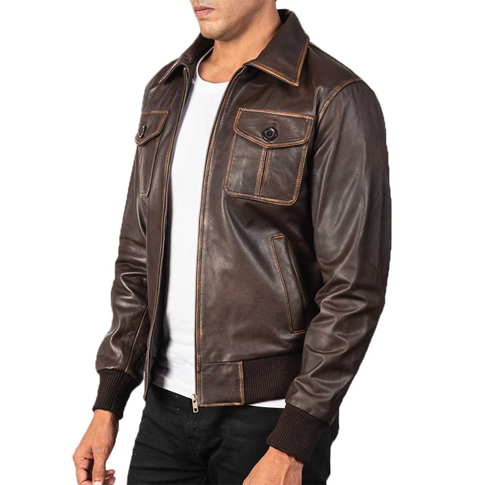 Aaron Leather Bomber Jacket - Chocolate