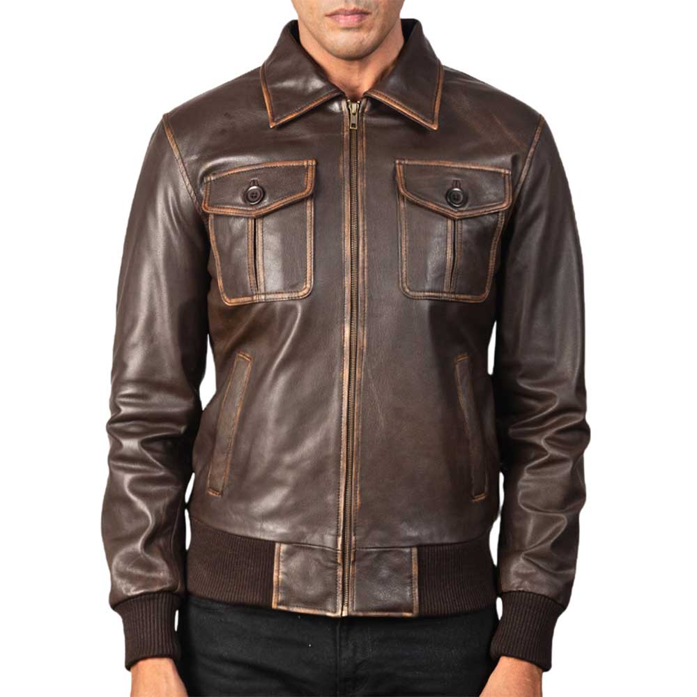 Aaron Leather Bomber Jacket - Chocolate
