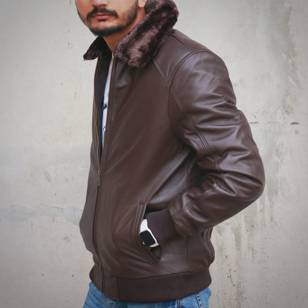 Leather Jacket with Fur Collar - chocolate