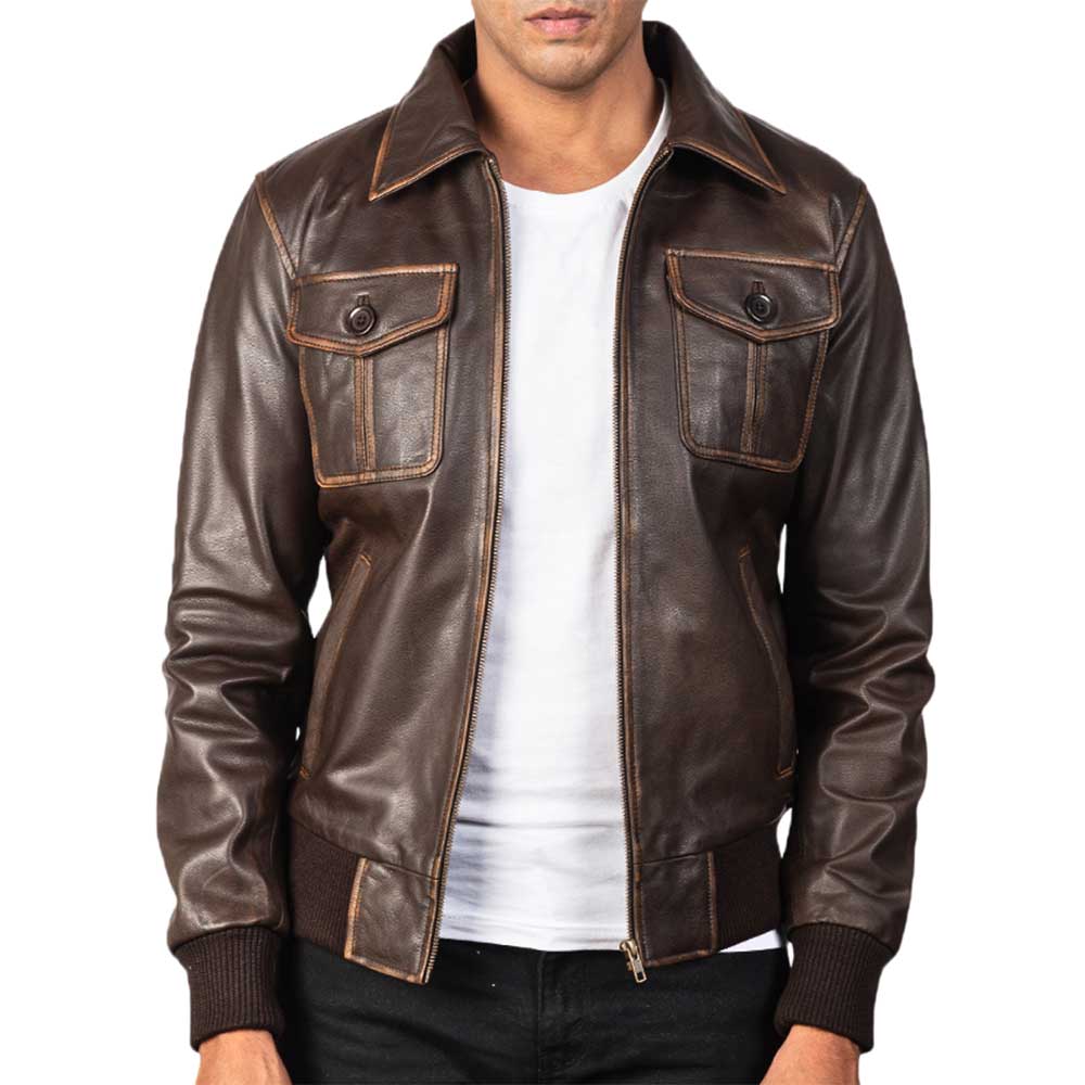 Aaron Leather Bomber Jacket - chocolate