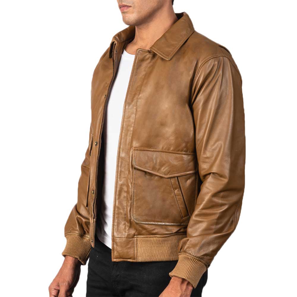 Leather Bomber Aviator Jacket - camel
