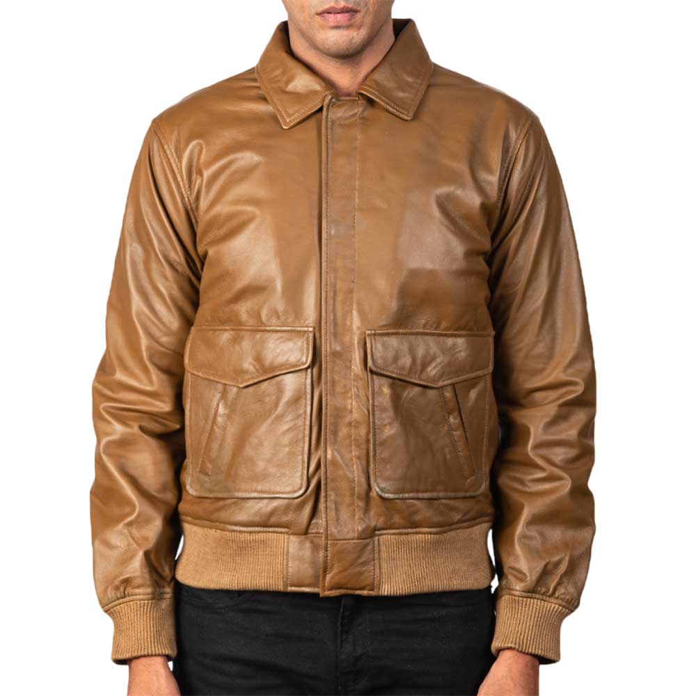 Leather Bomber Aviator Jacket - camel