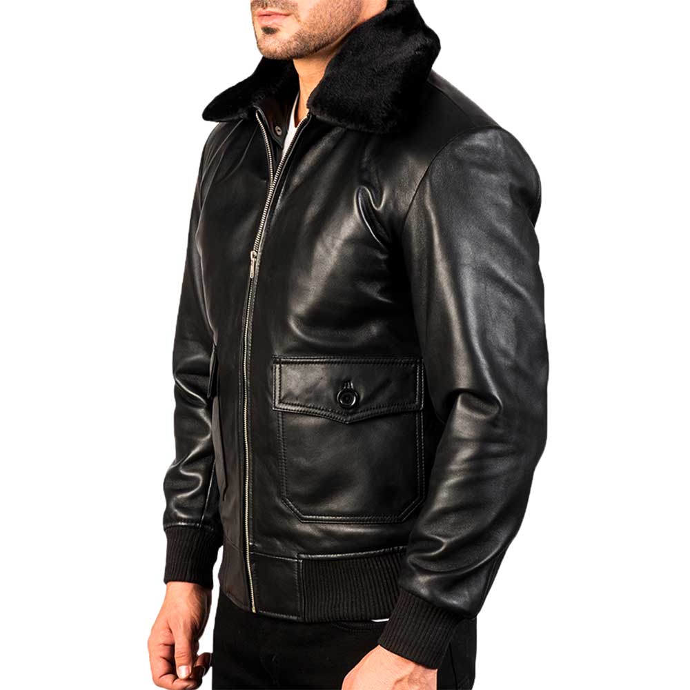 Collar Fur Leather Jacket - Black
