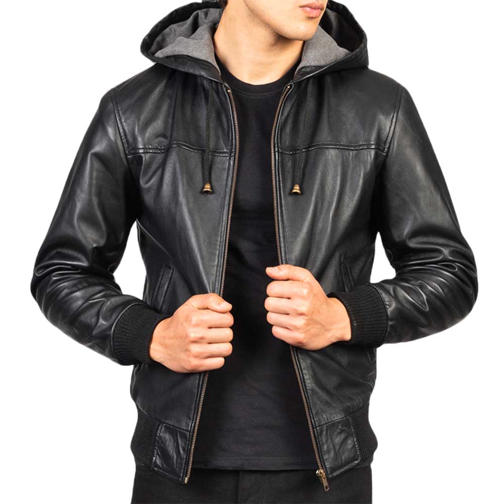 Leather Hooded Jacket - Black