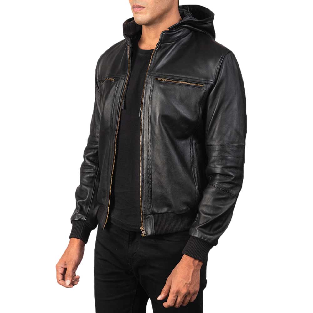 Hooded Leather Bomber Jacket - Black