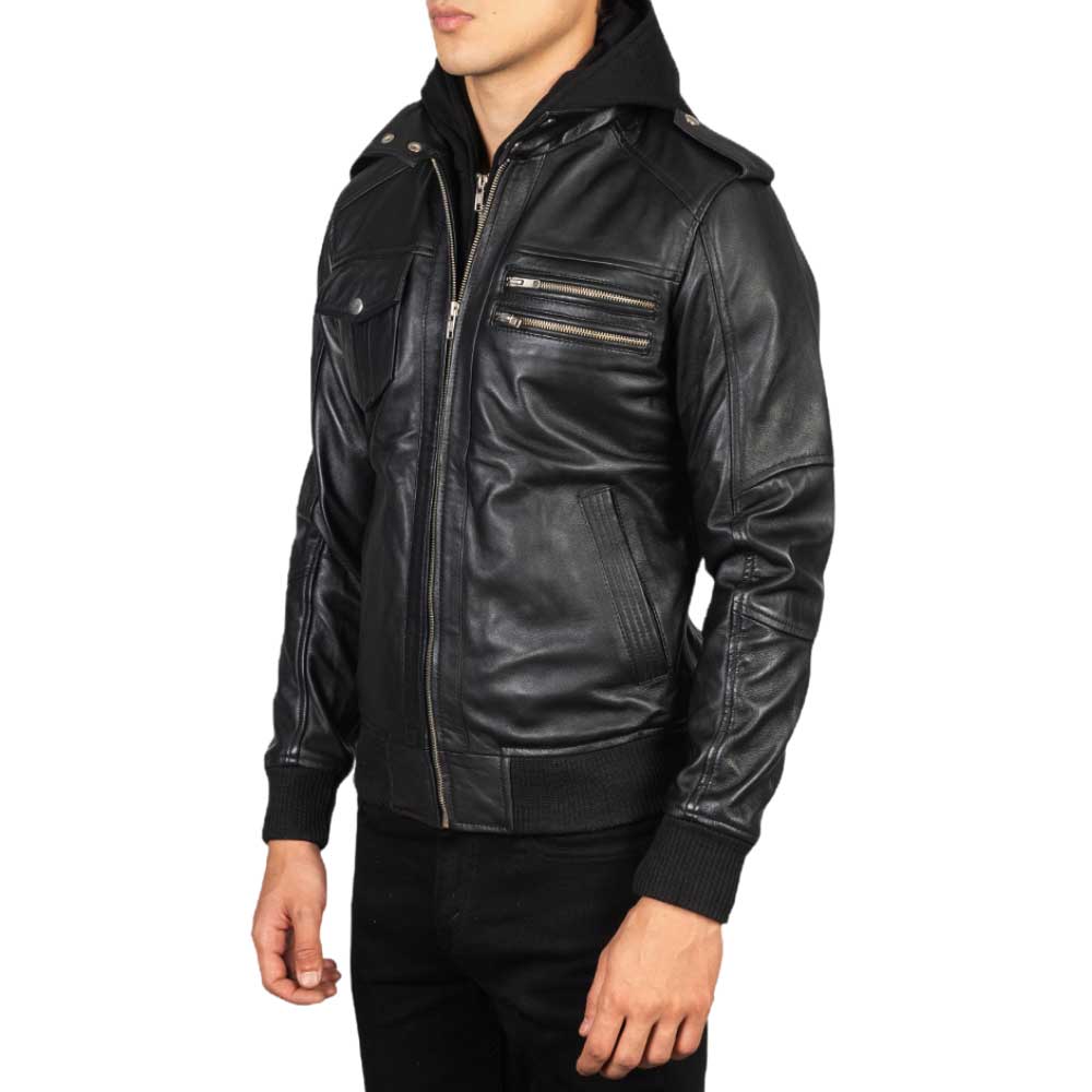 Leather Bomber Jacket with Hood