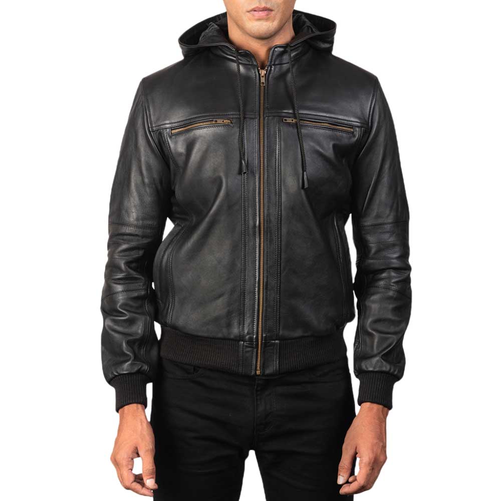 Hooded Leather Bomber Jacket - Black