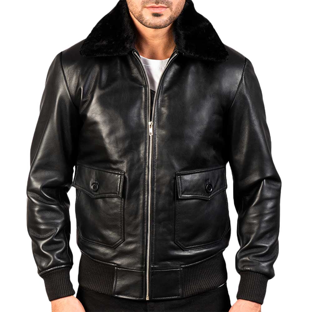 Collar Fur Leather Jacket - Black
