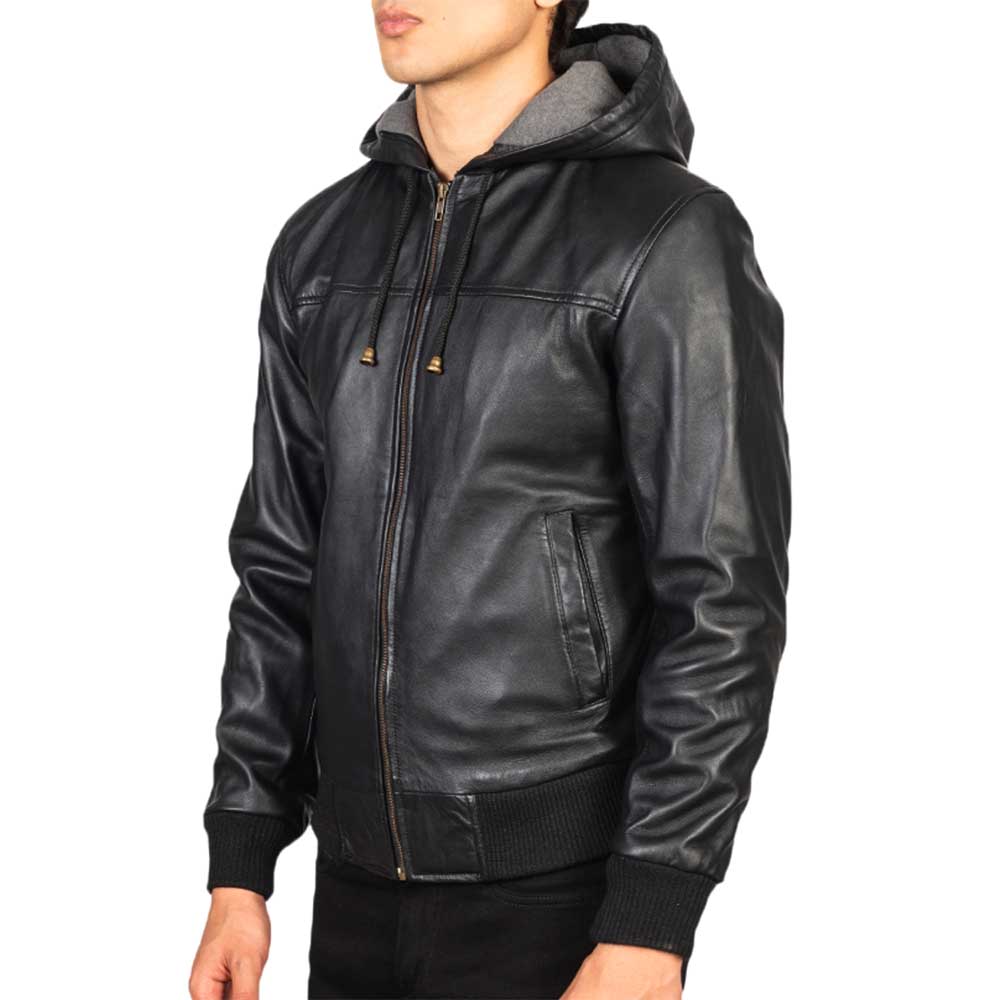 Leather Hooded Jacket - Black