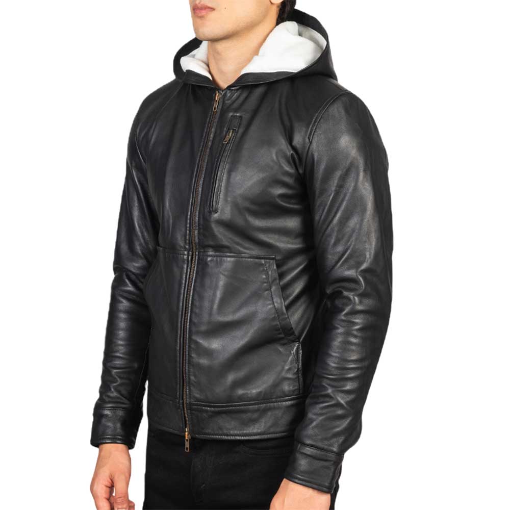 Hooded Leather Jacket - Black
