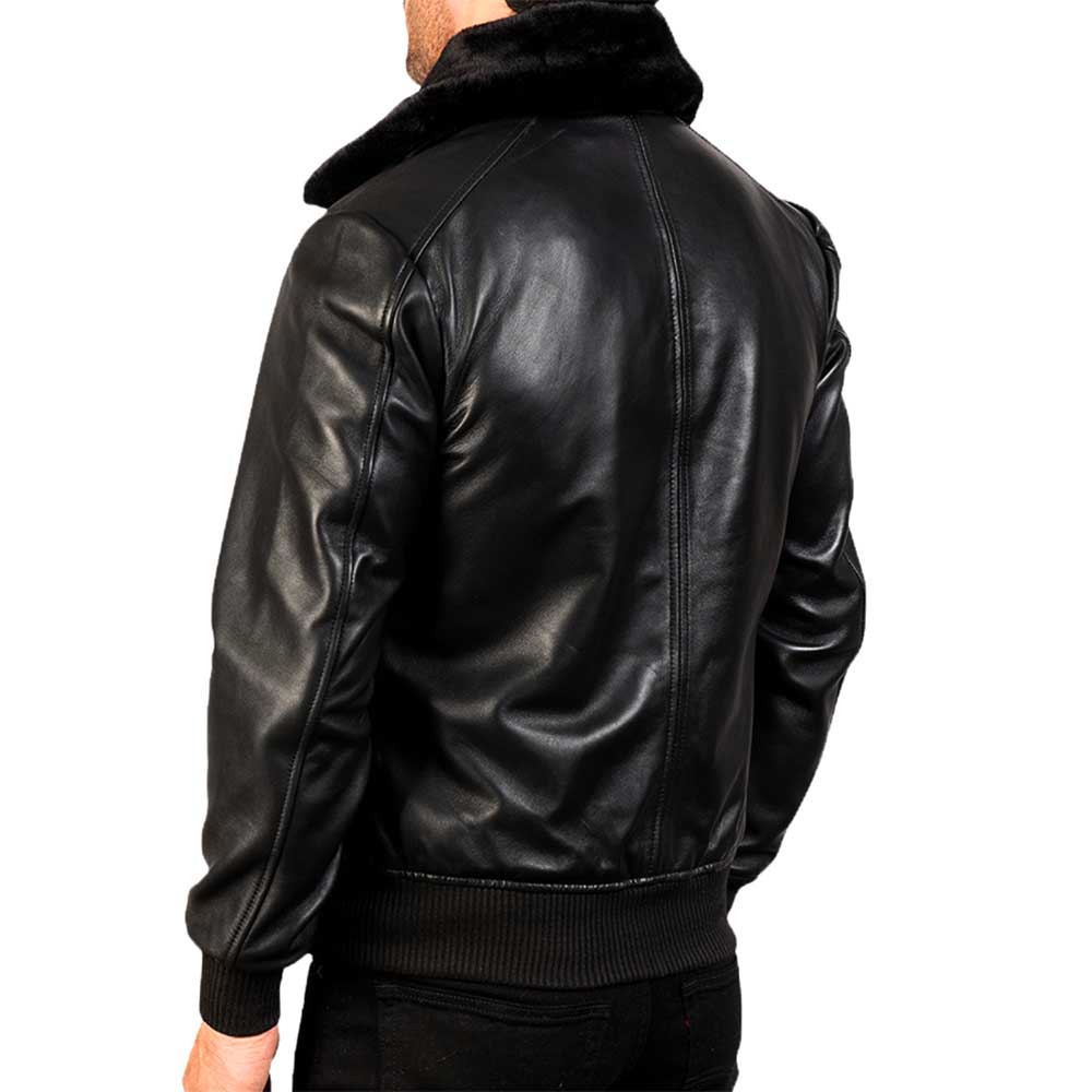 Collar Fur Leather Jacket - Black