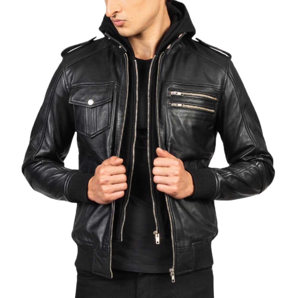 Leather Bomber Jacket with Hood