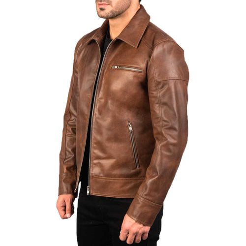 Brown Shirt Collar Vintage Leather Jacket