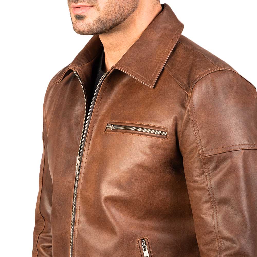 Brown Shirt Collar Vintage Leather Jacket - Brown