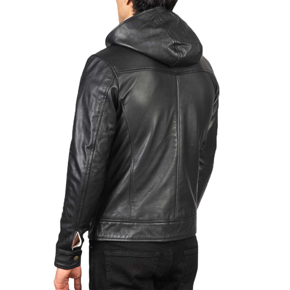 Hooded Leather Jacket - Black