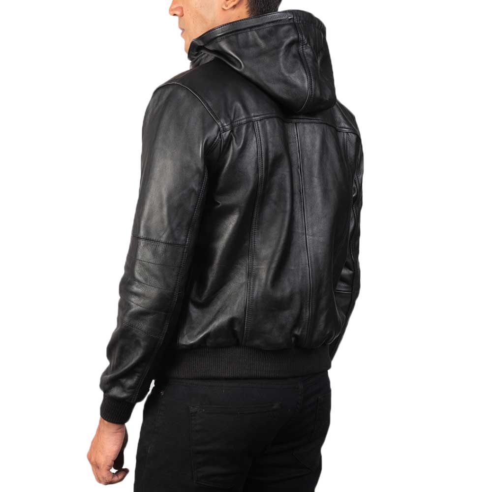 Hooded Leather Bomber Jacket - Black