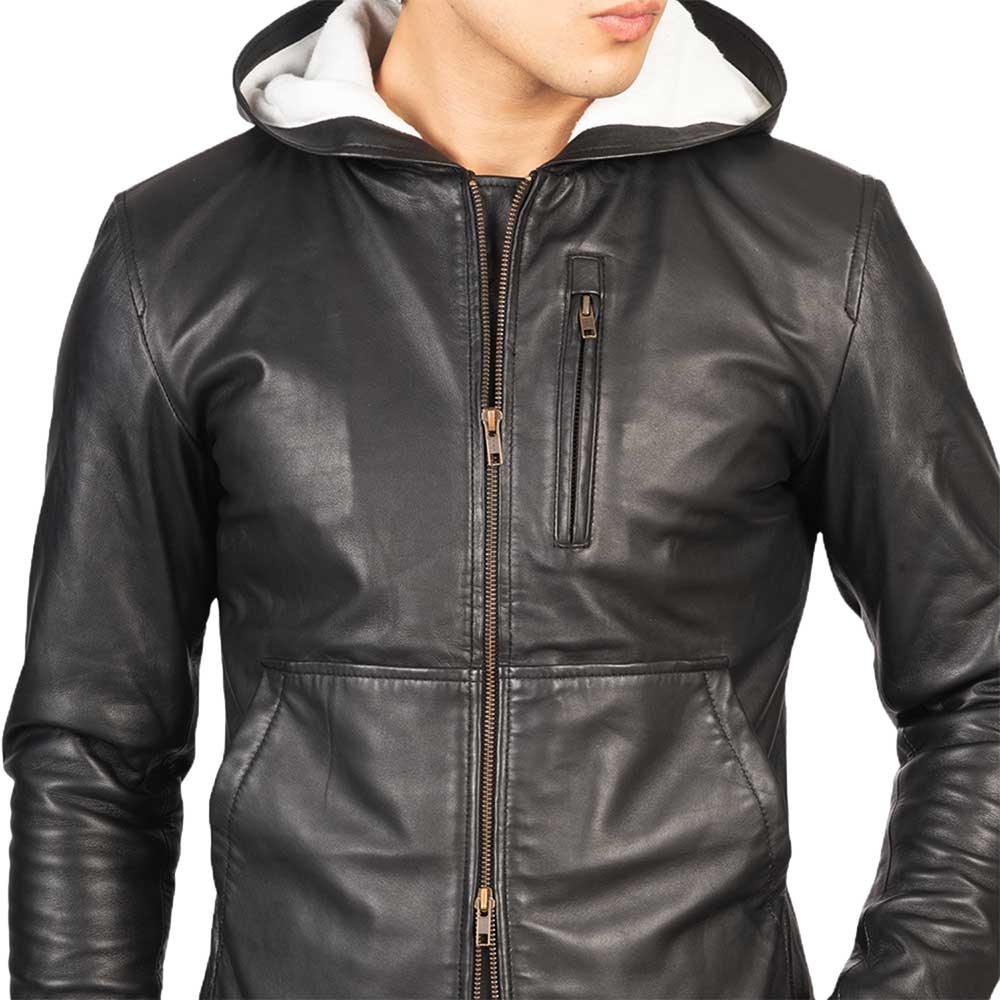 Hooded Leather Jacket - Black