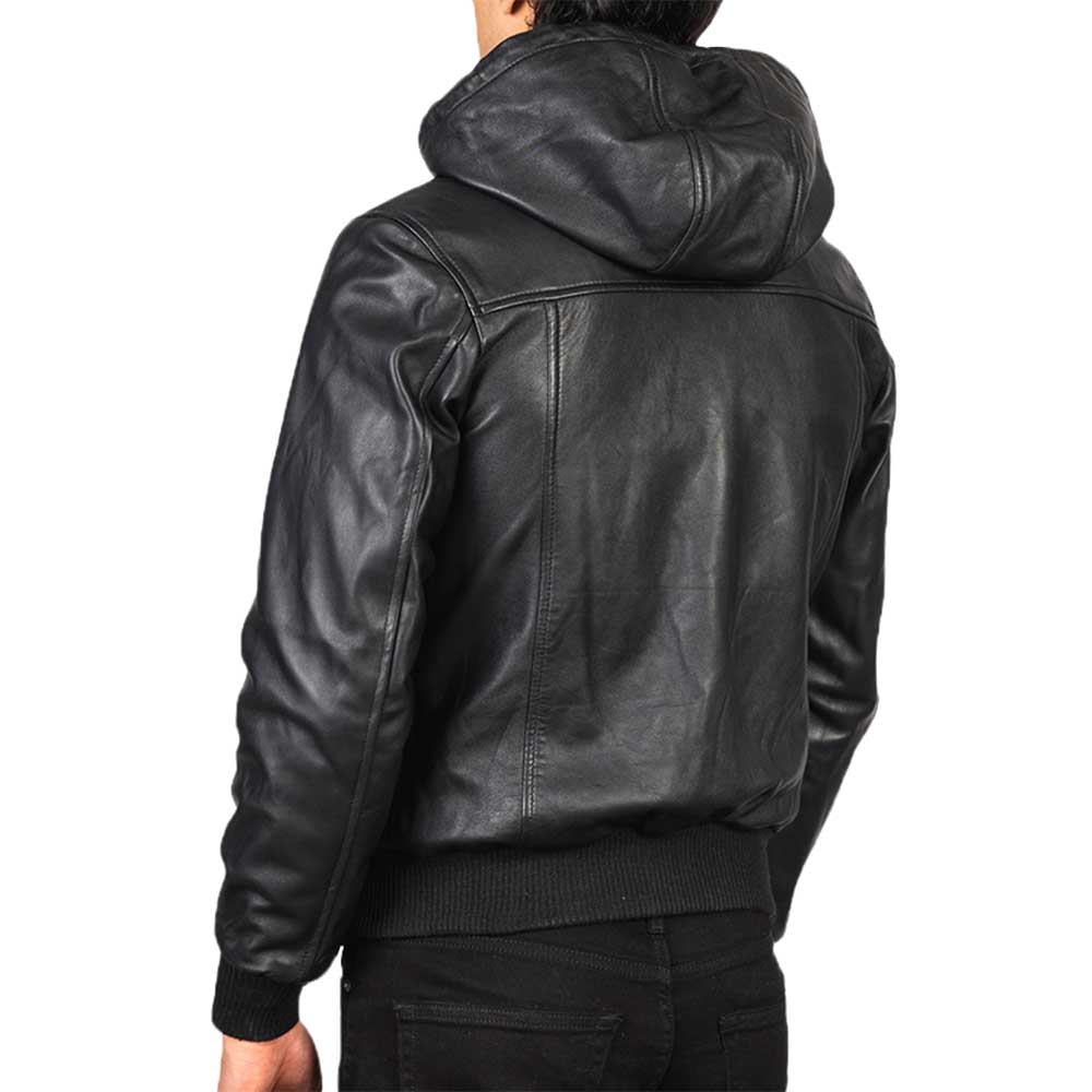 Leather Hooded Jacket - Black