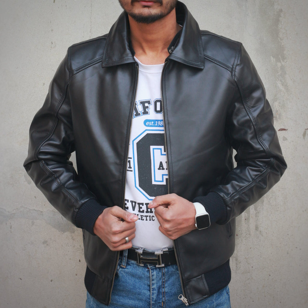 Leather Jacket with Fur Collar - black