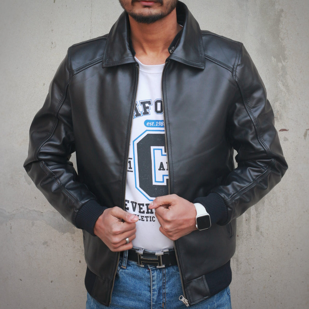 Leather Jacket with Fur Collar - black