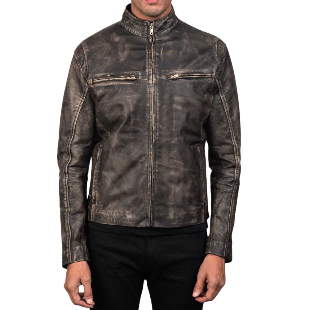 Ionic Black Leather Jacket - Black Distressed
