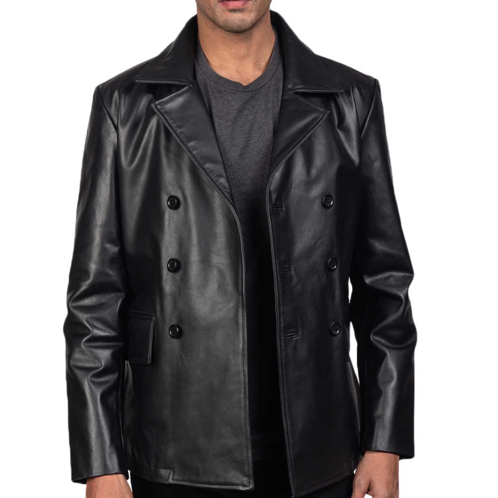 Leather Naval Peacoat - Black