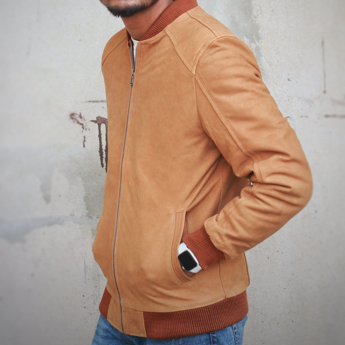 Suede Bomber Jacket - camel