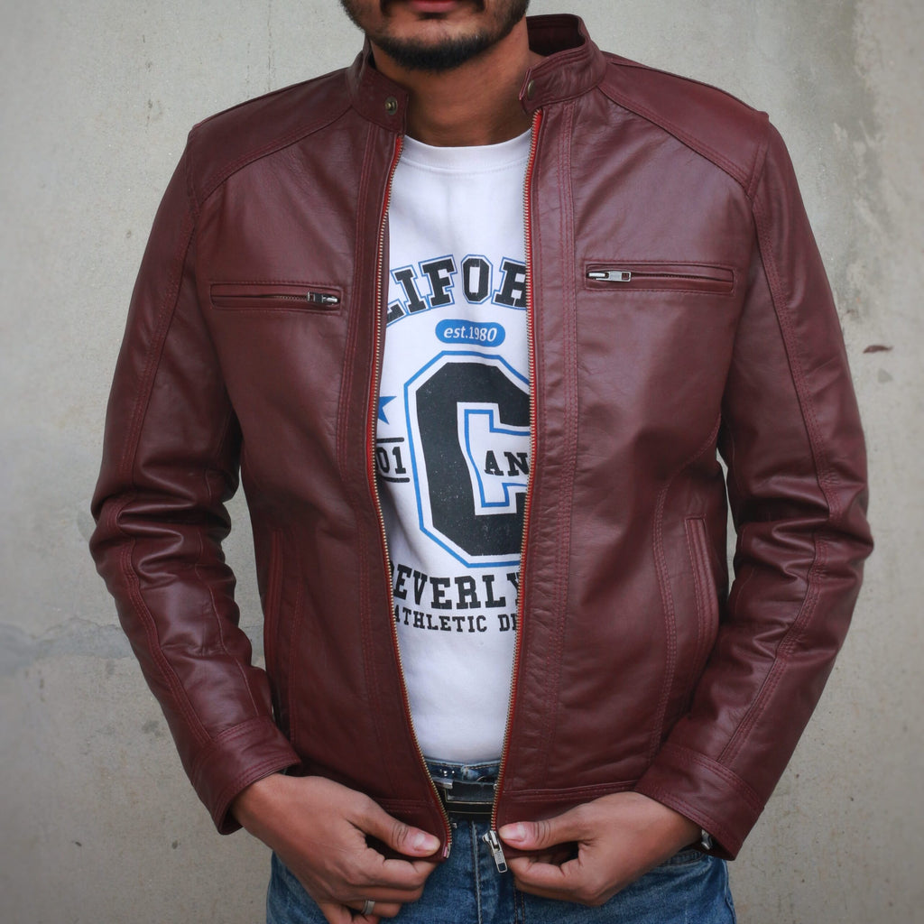 Mens Leather Jacket - maroon