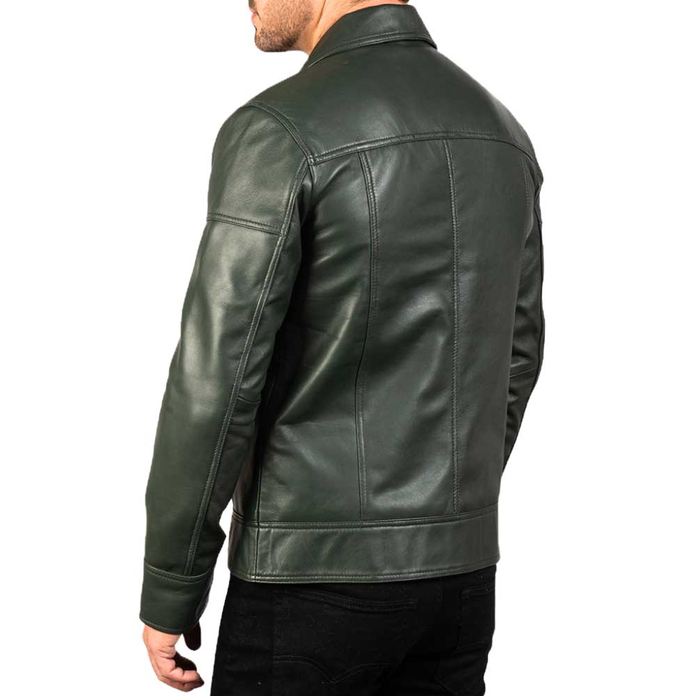 Brown Shirt Collar Vintage Leather Jacket - Lime Green