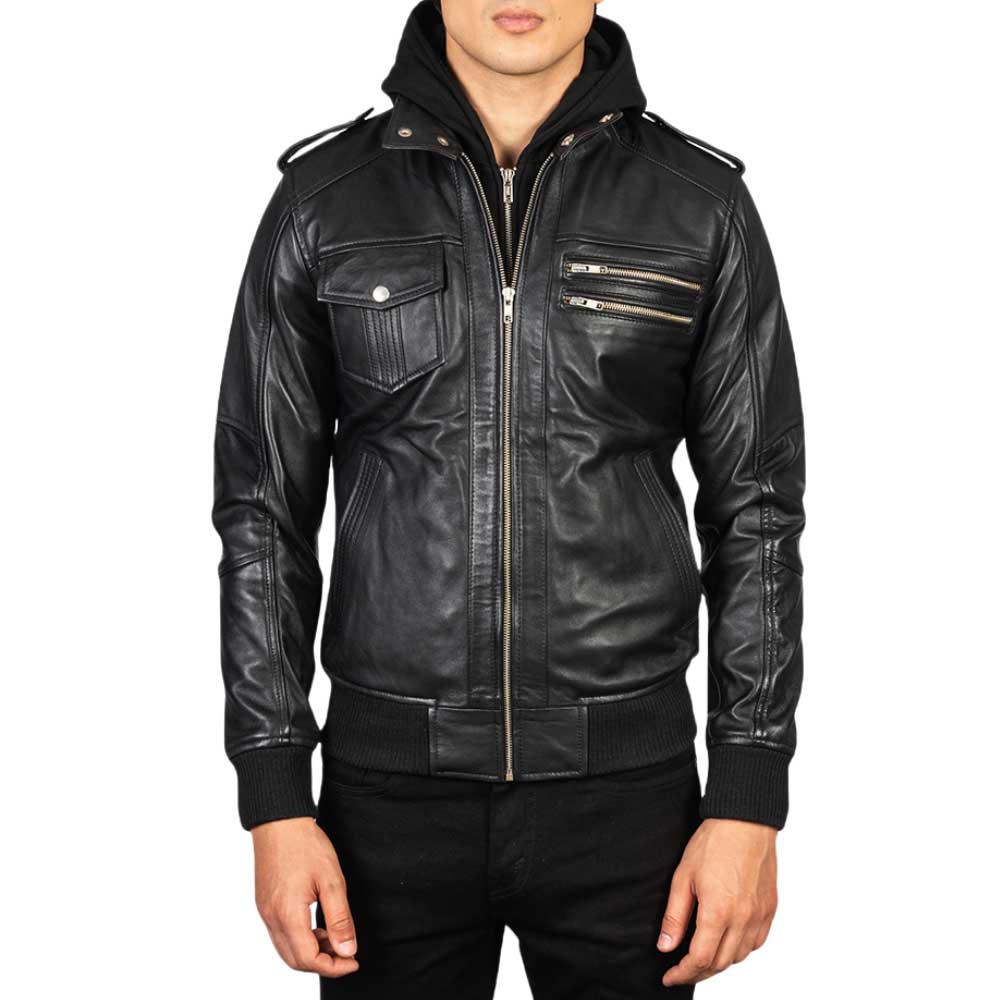 Leather Bomber Jacket with Hood