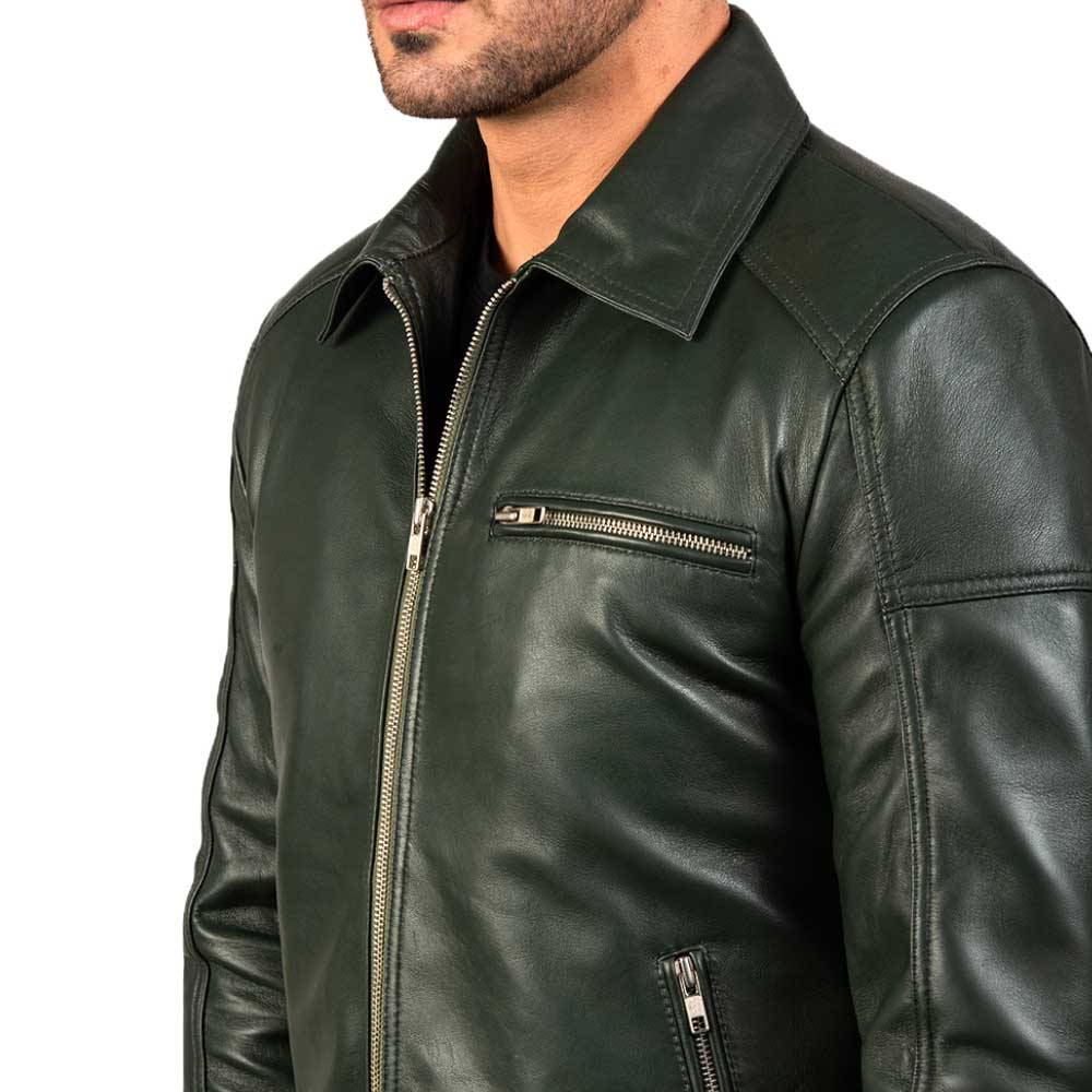 Brown Shirt Collar Vintage Leather Jacket - lime-green