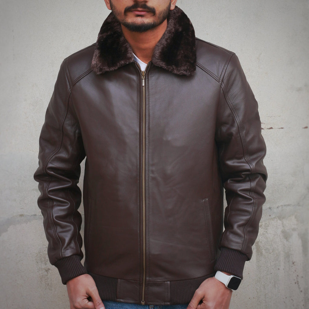 Leather Jacket with Fur Collar - chocolate