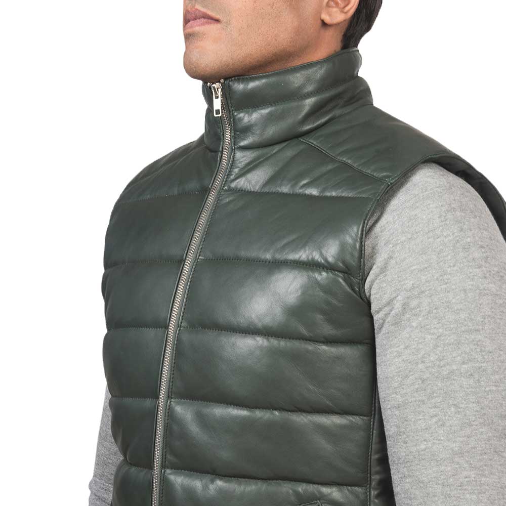 Leather Puffer Vest - Green