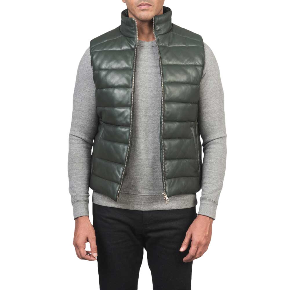 Leather Puffer Vest - Green
