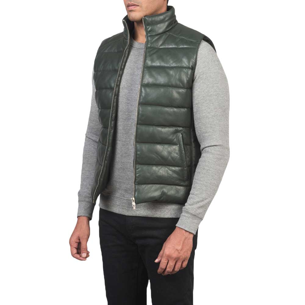 Leather Puffer Vest - green