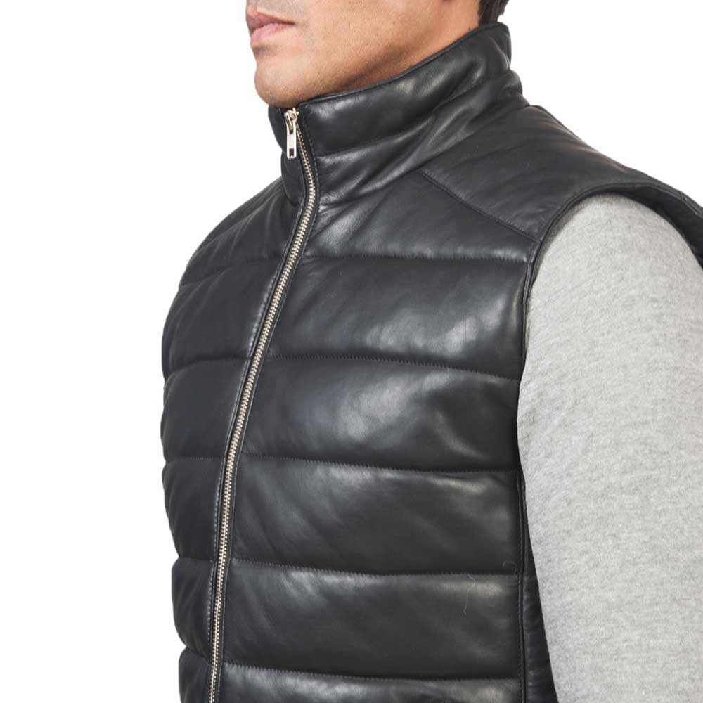 Leather Puffer Vest - Black