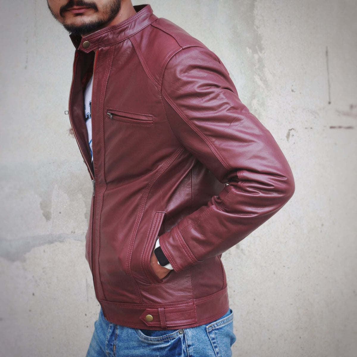 Mens Leather Jacket - Maroon