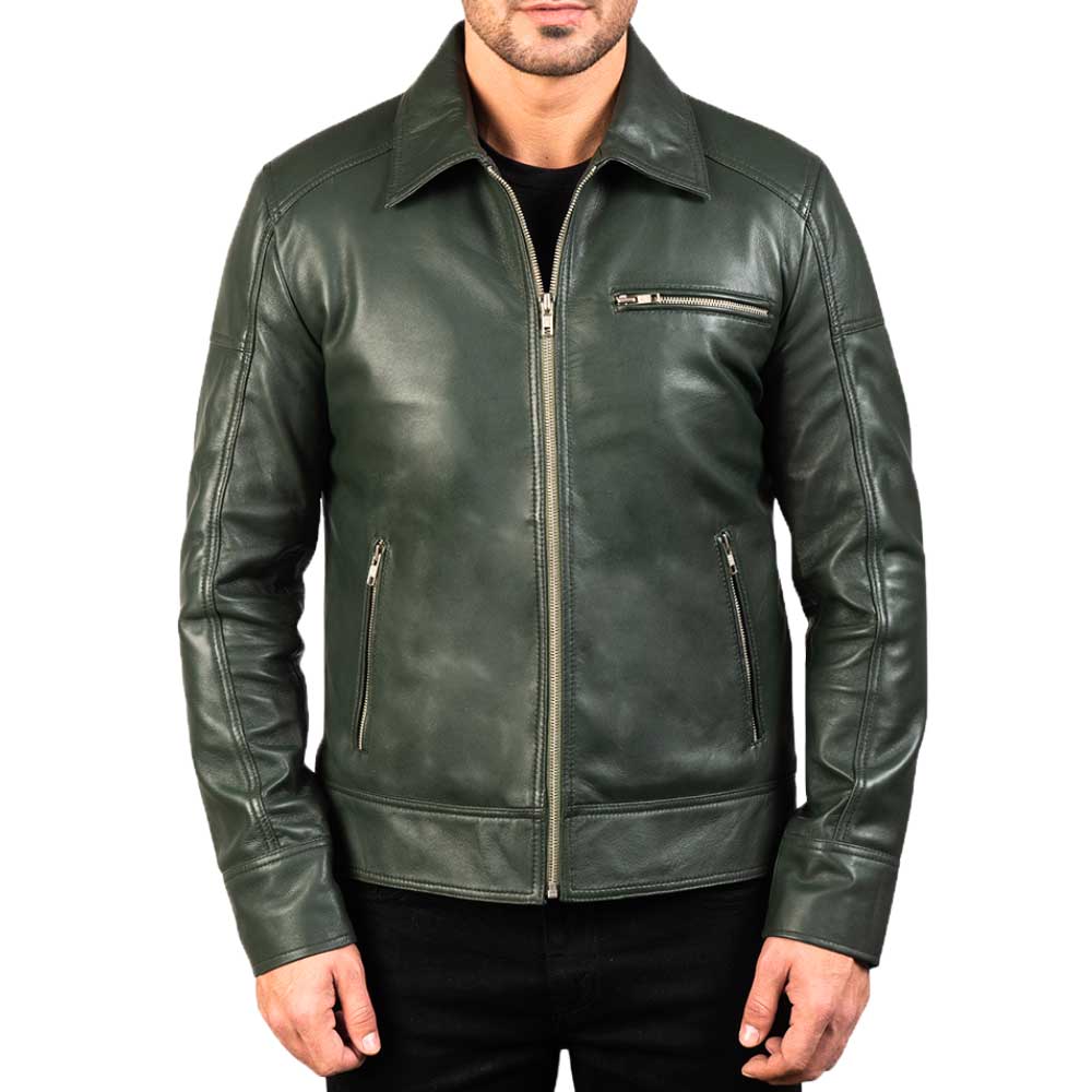 Brown Shirt Collar Vintage Leather Jacket - Lime Green