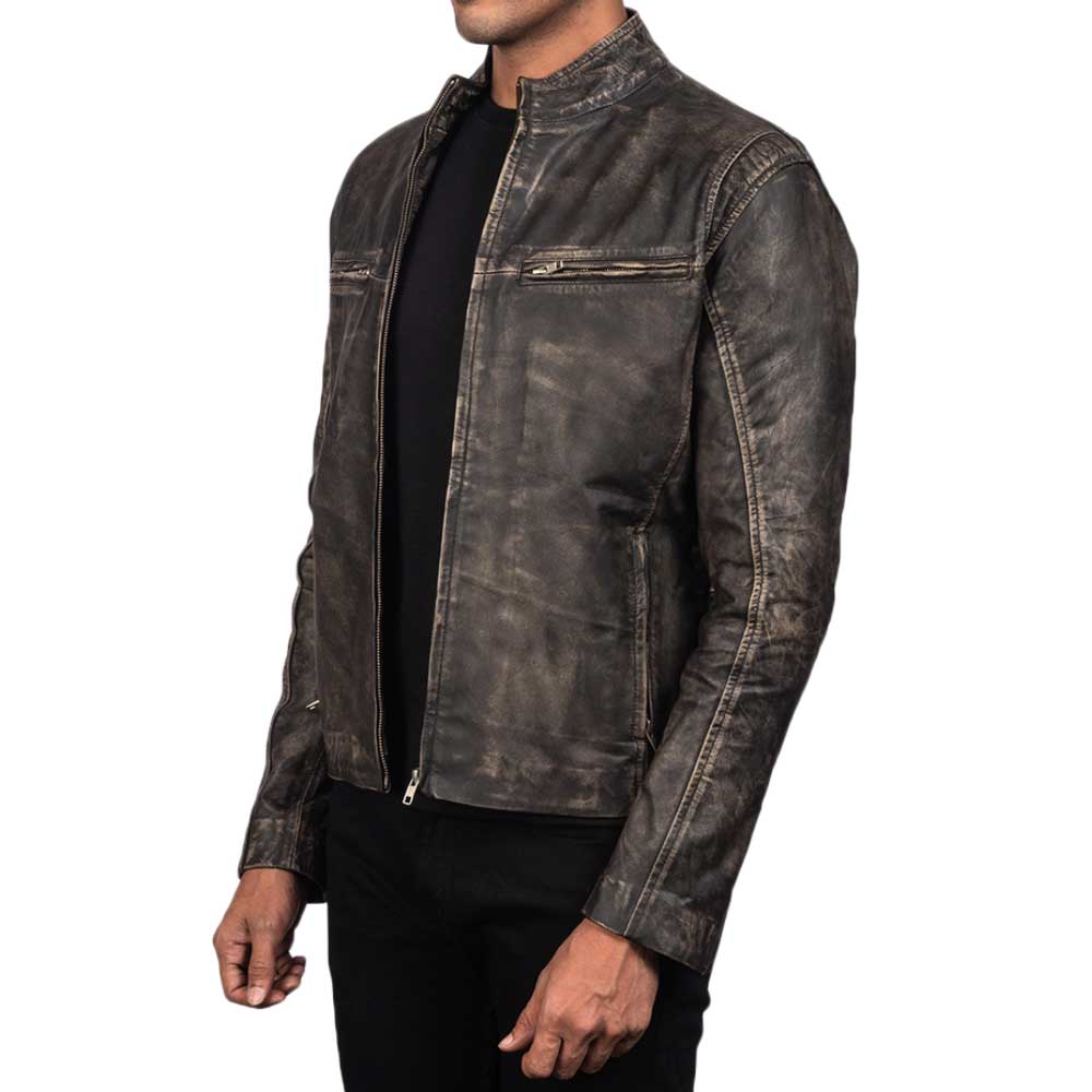 Ionic Black Leather Jacket - Black Distressed