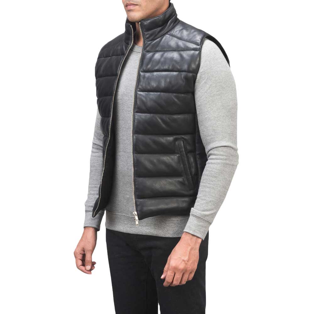 Leather Puffer Vest - Black