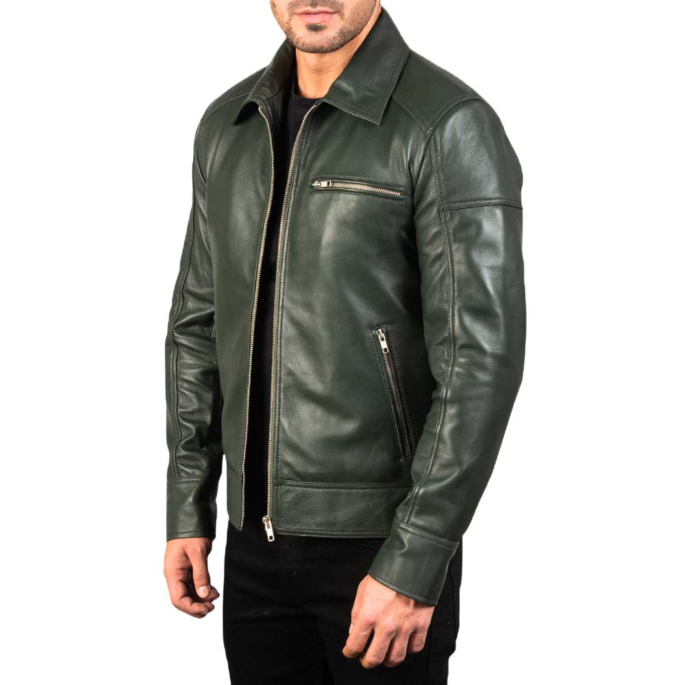 Brown Shirt Collar Vintage Leather Jacket - lime-green